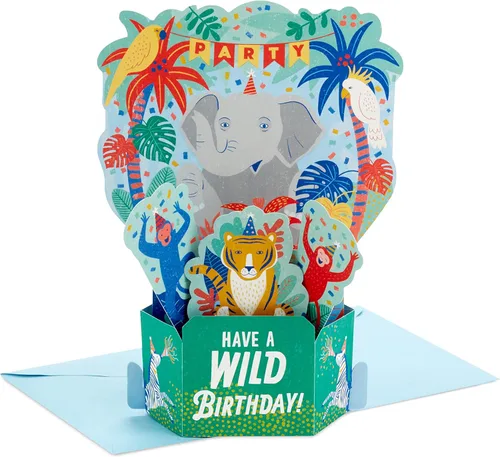 Hallmark Paper Wonder - Paquete de tarjetas de cumpleaños desplegables para niños, animales de la selva (8 tarjetas 3D y sobres)