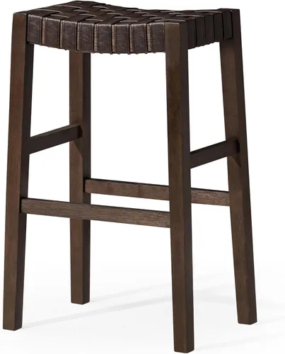 Vista 10 de Maven Lane Emerson Taburete de bar – 31 pulgadas – Taburete rectangular con reposapiés – Madera maciza gris y asiento de piel sintética gris – Ideal