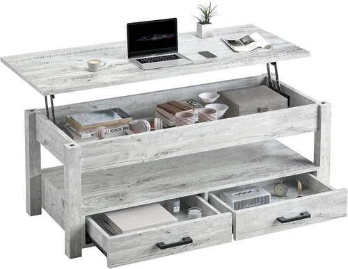 Vista 10 de FABATO Mesa auxiliar elevable de 41.7 pulgadas con 2 cajones de almacenamiento con compartimento oculto, estante de almacenamiento abierto para sala