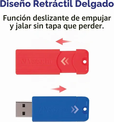 Vista 5 de Verbatim Unidad flash USB 3.0 retráctil de 16 GB a rayas, paquete de 5 unidades multicolor (verde, azul, rojo, morado, cian)