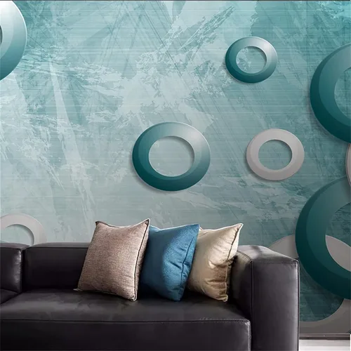 Vista 2 de Mural de pared circular azul y blanco, papel tapiz autoadhesivo geométrico 3D, adhesivo extraíble, decoración del hogar, fondo de televisión