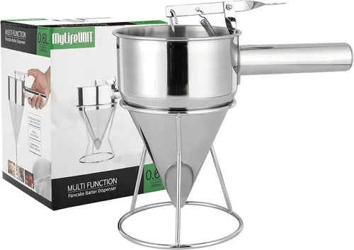 MyLifeUNIT Dispensador de masa para panqueques, dispensador de pastel de embudo de acero inoxidable con soporte