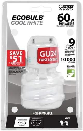 Vista 3 de Feit Electric Bombilla CFL giratoria equivalente a 60 W en base GU24, no regulable, 900 lúmenes, horas de vida útil de 10 K, blanco suave de 2700 K