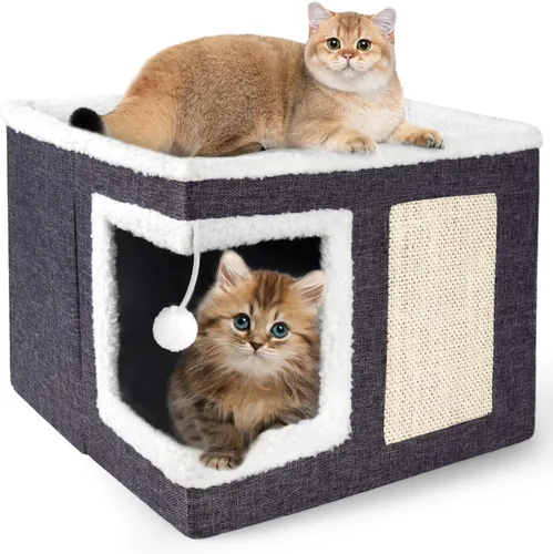 Loyareal - Casas para gatos de interior, cueva grande para gatos con almohadilla para arañar y bola esponjosa, refugio plegable para gatos con cojín
