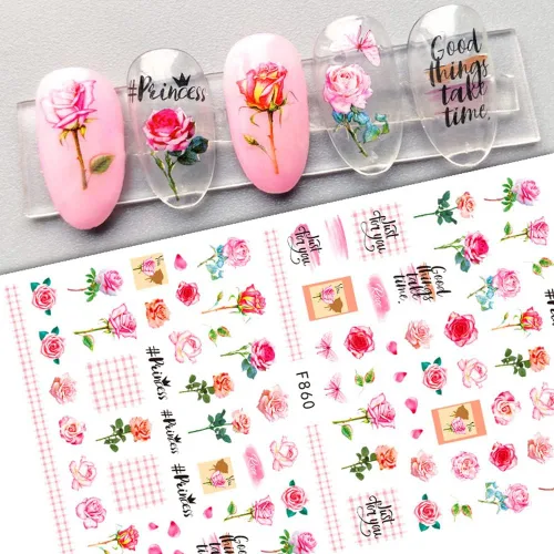 Vista 4 de Calcomanías de arte de uñas de flores, 6 hojas de rosa de primavera 3D, calcomanías autoadhesivas para uñas, diseño de flores, rosa y mariposa