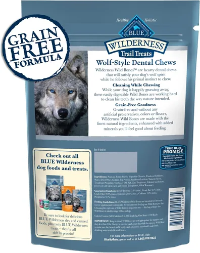 Vista 3 de Blue Buffalo Wilderness Wild Bones - Golosinas dentales masticables sin granos, tamaño mediano, bolsa de 27 onzas