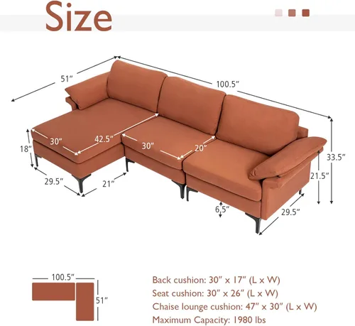 Vista 28 de Giantex Sofá modular de 3 asientos, 100.5 pulgadas de largo convertible con puerto USB y tomacorriente, cojín para reposabrazos, sofá modular