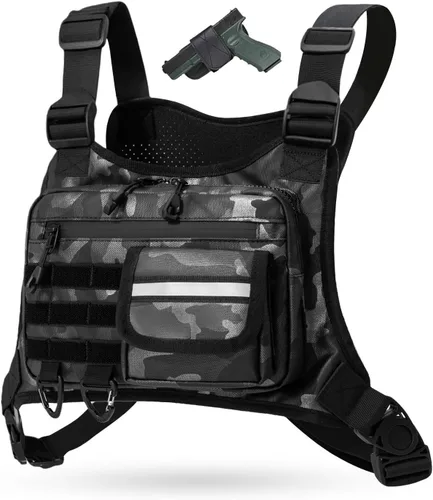 Vista 7 de Muserise Bolsa de pecho al aire libre para hombres, paquete de pecho EDC con soporte para teléfono integrado, bolsa ligera para el pecho