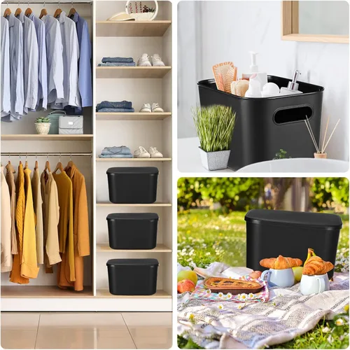 Vista 7 de Hoolerry 8 contenedores de almacenamiento coloridos con tapa, cesta de almacenamiento de plástico, contenedor organizador apilable con asa para Negro