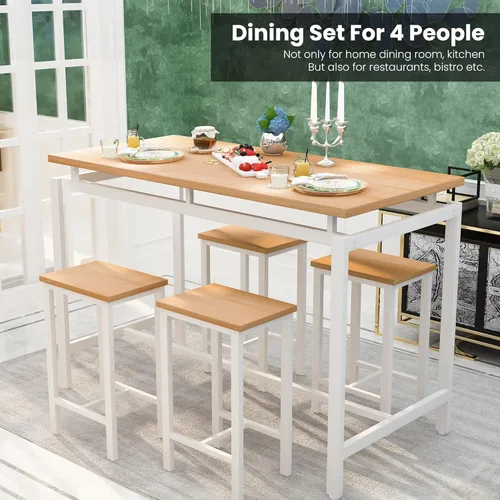 Vista 4 de Recaceik Juego de 4 mesas de comedor para 4 mesas y sillas de cocina, juego de mesa de bar de 5 piezas con 4 taburetes, mesa de comedor de altura