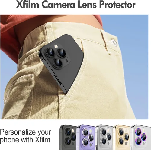 Vista 5 de Xfilm Protector de lente de cámara Bling para iPhone 14 Pro/14 Pro Max, dureza 9H a prueba de rayones, protector de anillo individual de metal