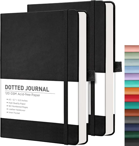 RETTACY Cuaderno de diario punteado, paquete de 2, 160 páginas numeradas por paquete, tamaño mediano A5 (5.7 x 8.3 pulgadas), papel grueso de 120