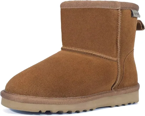 FANTURE Botas de nieve para niños y niñas, de piel de vaca auténtica, botas de invierno con forro de piel cálida y suela antideslizante duradera