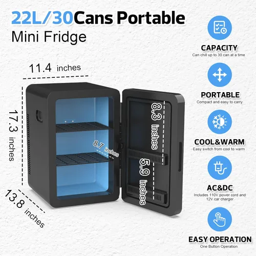 Vista 5 de advwin Mini refrigerador de 22L para dormitorio, 30 latas, refrigeradores compactos portátiles con alimentación CA/CC para el cuidado de la piel