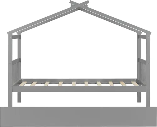 Vista 209 de Merax Cama de madera de tamaño individual con dos cajones, marco de cama de madera con techo para niños, adolescentes, niños o niñas, gris