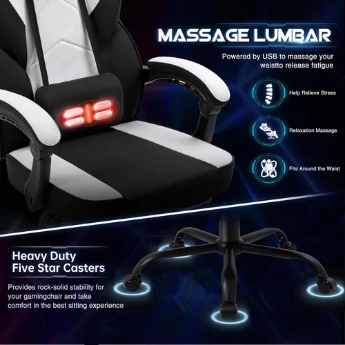 Vista 6 de Silla de juegos para adultos con reposapiés y soporte lumbar de masaje, silla ergonómica de respaldo alto, sillas giratorias ajustables