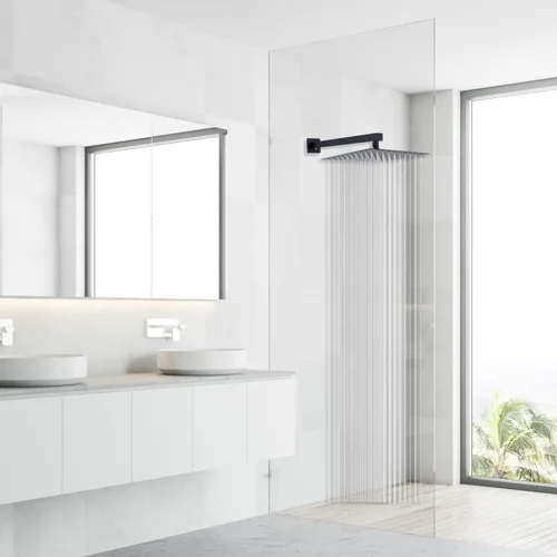 Vista 2 de GGStudy Cabezal de ducha tipo lluvia negro con brazo de extensión, cabezal de ducha cuadrado de 10 pulgadas con brazo de ducha de 16 pulgadas