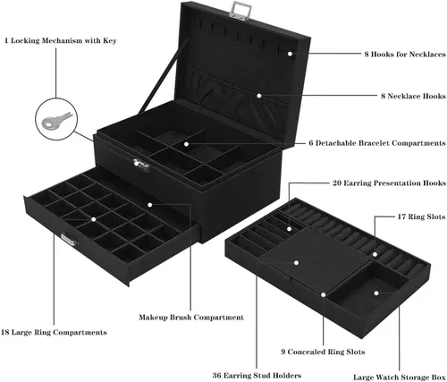 Vista 4 de Soddeph Large Jewelry Organizer Box, 3-tier Display Case, Velvet Jewelry Box with Lock and Drawers, Varying Compartments for Necklace, Bracelets