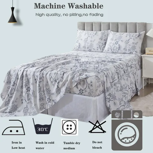 Vista 6 de FADFAY Juego de sábanas tamaño King, sábanas de algodón percal rosa floral con bolsillo profundo, ropa de cama vintage lujosa azul con estampado