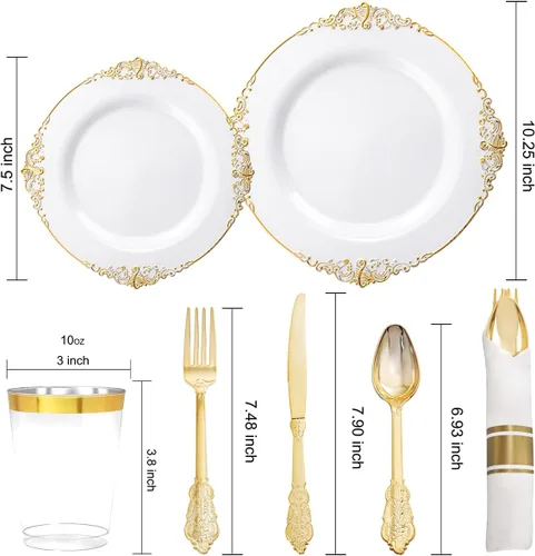 Vista 3 de Nervure 175 platos de plástico blanco y dorado, 350 platos de plástico blanco y dorado