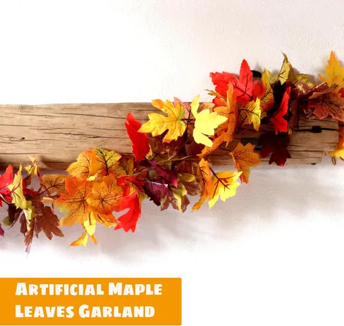 Vista 4 de Paquete de 2 guirnaldas de arce artificiales, 5.9 pies/pieza, guirnalda de otoño para colgar, hojas de vid colgantes, guirnalda artificial