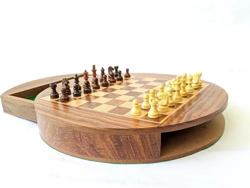 Vista 3 de Acecrafts Handmade Round Chess Board Set of Indian Rosewood Magnetic 32 Pieces Portable Book Style Design Chess Set with Storage Anti-Scratching