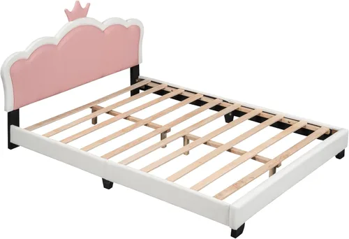 Vista 53 de Elegante cama de princesa tapizada de tamaño individual con cabecera corona, plataforma de piel sintética con soporte resistente de listones