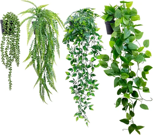 Vista 12 de LOYWREE 3 piezas de plantas falsas de interior, planta artificial de cadena de perlas en macetas negras, plantas colgantes suculentas artificiales