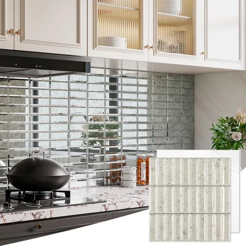 Vista 32 de Diflart Azulejos de espejo para despegar y pegar estilo metro, plateados, 3x6 pulgadas, salpicadero de espejo biselado para cocina, bar, azulejos