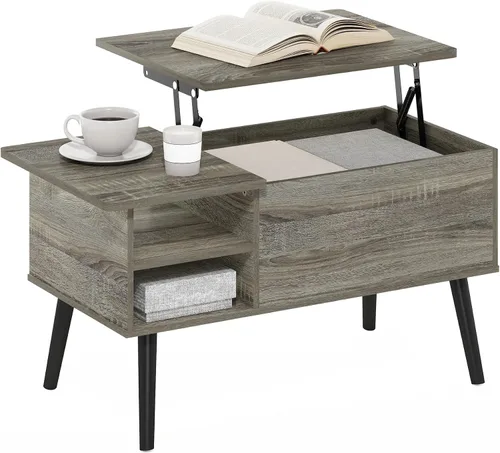 Vista 12 de Furinno Jensen - Mesa auxiliar de madera con parte superior elevadora de patas con compartimento oculto y estante lateral abierto para sala