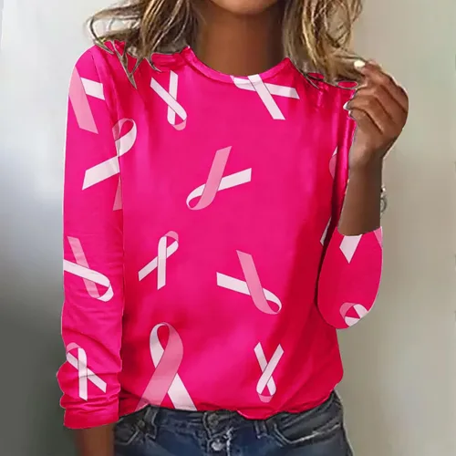 Vista 3 de Breast Cancer Shirts Women Pink Ribbon Graphic Long Sleeve Pullover Casual Cancer Survivor Gift T-Shirt