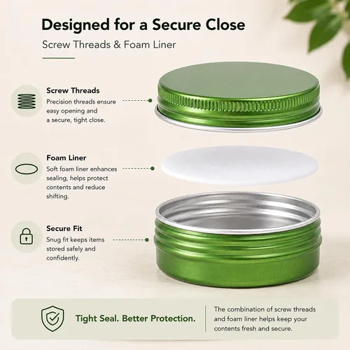 Vista 3 de Tarro de aluminio con tapa de rosca de 1 onza / 30ml con tapa de rosca y etiquetas en blanco (Verde - Paquete de 32)