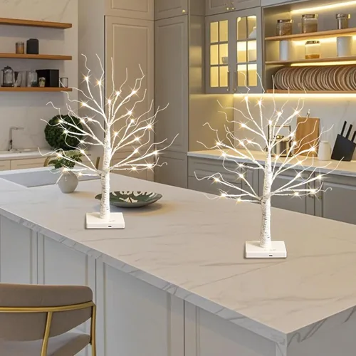 Vista 4 de Árbol de abedul blanco con luces LED, árbol de abedul iluminado para mesa, funciona con 24 luces LED USB o pilas, árbol blanco cálido, mini