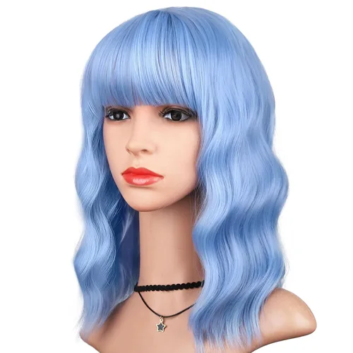 Peluca azul claro con flequillo para mujer, peluca corta ondulada y rizada estilo Bob, pelucas de color azul pastel de 14 pulgadas de longitud al