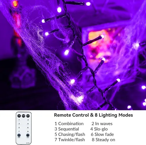 Vista 4 de Guirnalda de 400 luces LED moradas de Halloween, 19.7 pies, 8 modos, impermeable, para interiores y exteriores, Halloween, Navidad, guirnalda
