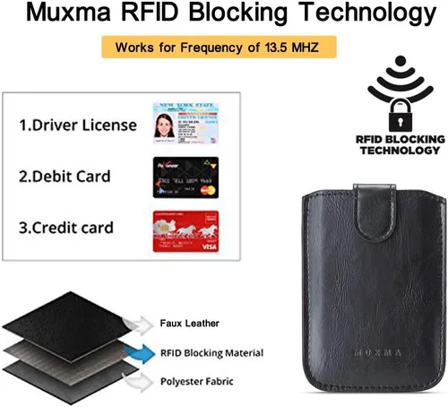 Vista 2 de Funda con bloqueo RFID para tarjetero de teléfono, cartera trasera de cuero PU para teléfono adhesiva con tira para 5 tarjetas, cubre bolsillos