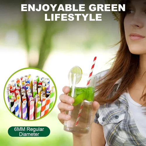 Vista 5 de Pajitas de papel desechables envueltas individualmente de 7.75 x 0.24 pulgadas, rayas coloridas [400 unidades] - biodegradables ecológicos Rayas