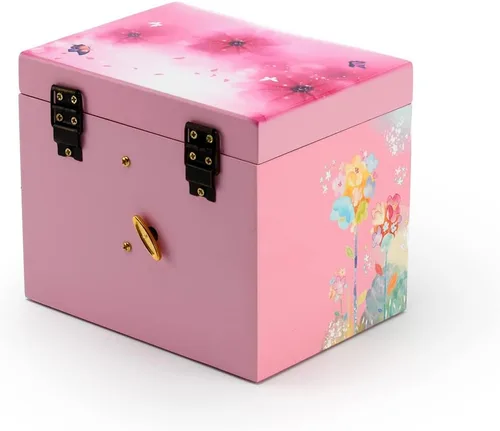 Vista 2 de Caja de música de bailarina giratoria de madera rosa con temática floral de 18 notas, muchas canciones para elegir, Twinkle Twinkle Little Star