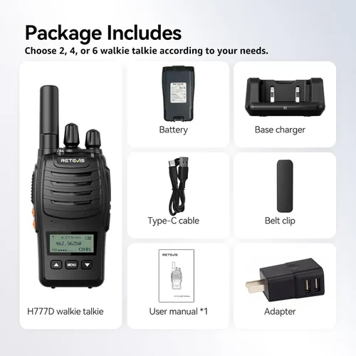 Vista 9 de Retevis H777D Radio de 2 vías con pantalla LCD, 2 piezas, NOAA, carga USB-C, VOX, Walkie Talkies recargables de mano, radios bidireccionales