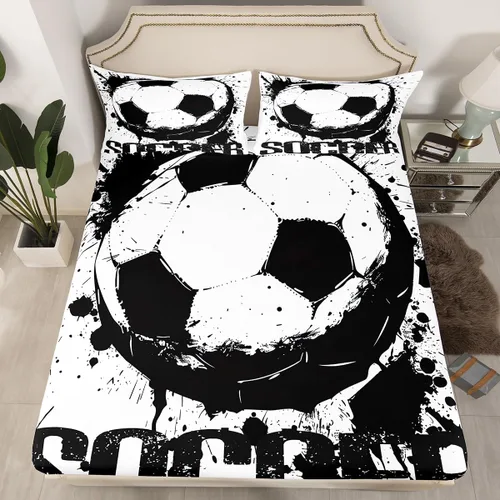 Juego de ropa de cama de fútbol, tamaño individual, juego de pelota para niños, sábana bajera, pelota deportiva, color blanco y negro, ropa de cama