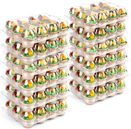 Vista 8 de LotFancy (12 unidades x 5 juegos) recipientes para cupcakes con 60 forros, cajas apilables de plástico, soporte desechable para magdalenas con tapa