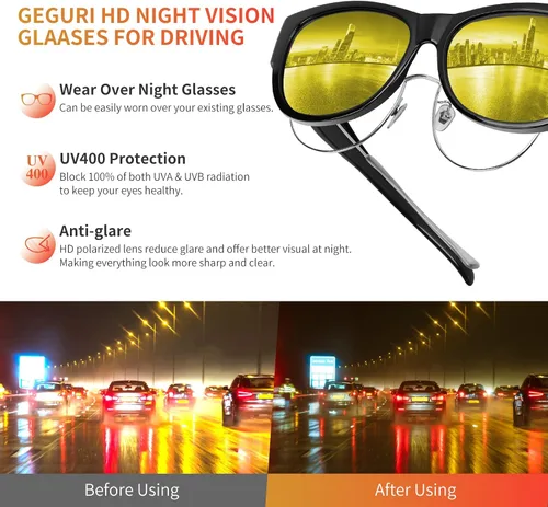 Vista 3 de GEGURI Gafas de visión nocturna que se ajustan sobre las gafas, gafas de conducción nocturna para mujer, antirreflejos, polarizadas con lente