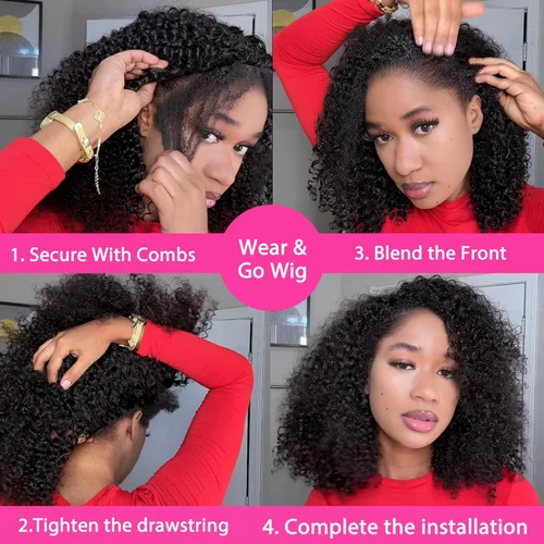 Vista 3 de Curly Half Wig Human Hair - 180% Density 3 in 1 Seamless Flip over Half Wig 14 Inch Glueless Wear Go Beginner Friendly Kinky Curly Wig Drawstring
