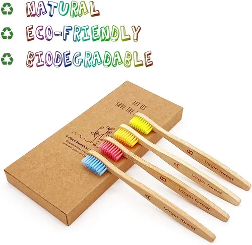 Vista 5 de Virgin Forest Cepillos de dientes de bambú para niños, mango biodegradable, cerdas suaves sin BPA, juego de 4 tamaños para niños (4 colores)