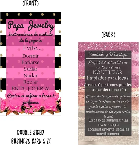 Vista 3 de Tarjetas españolas de limpieza y cuidado de joyas Paquete de 50 Instrucciones de cuidado de Jewelry Bling Queen en español Rayas con diseño floral