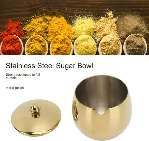 Vista 5 de Azucarero de acero inoxidable, tarro de especias con tapa, plato grande para suagr, recipiente de azúcar pulido, soporte multifuncional para cocina