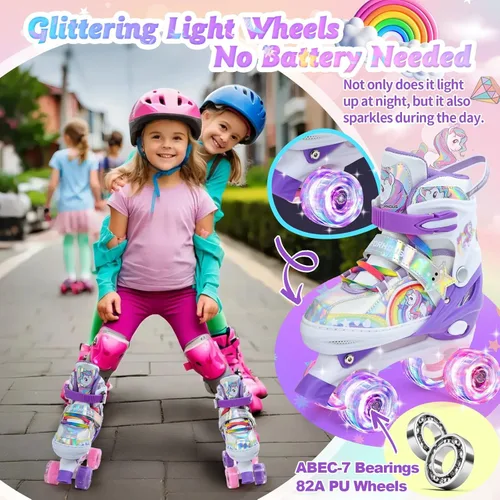Vista 6 de Rainbow - Patines de ruedas para niñas y niños, 4 tamaños ajustables, para niñas con ruedas luminosas, regalo de cumpleaños para principiantes