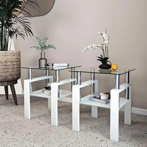 Vista 17 de IANIYA Juego de mesa de 3 piezas para sala de estar, moderno juego de mesa auxiliar de vidrio templado, mesa auxiliar de vidrio con marco de metal