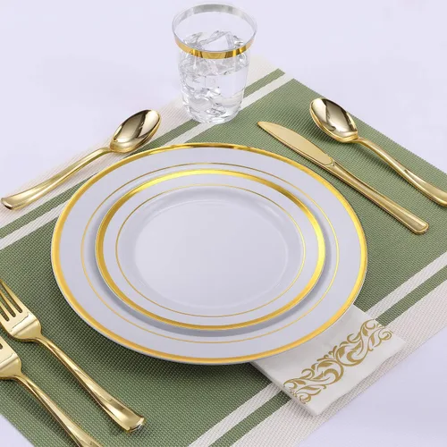 Vista 5 de FOCUSLINE Juego de 102 platos de plástico dorados, desechables, resistentes, 51 platos llanos y 51 platos de postre, elegante plato de plástico