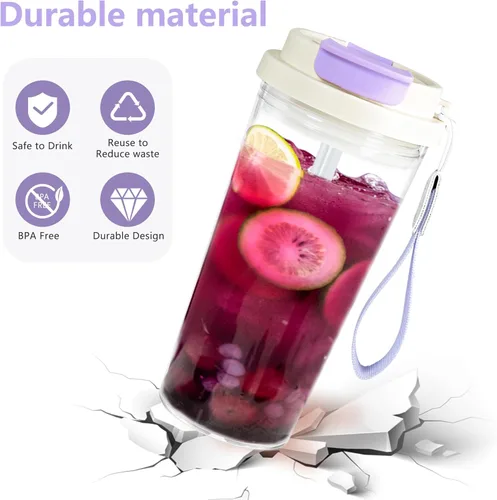 Vista 3 de Vaso transparente de 20 onzas con tapa y pajilla, 2 vasos de plástico para café helado, vaso acrílico para café, refrescos, té, leche, jugo, regalo